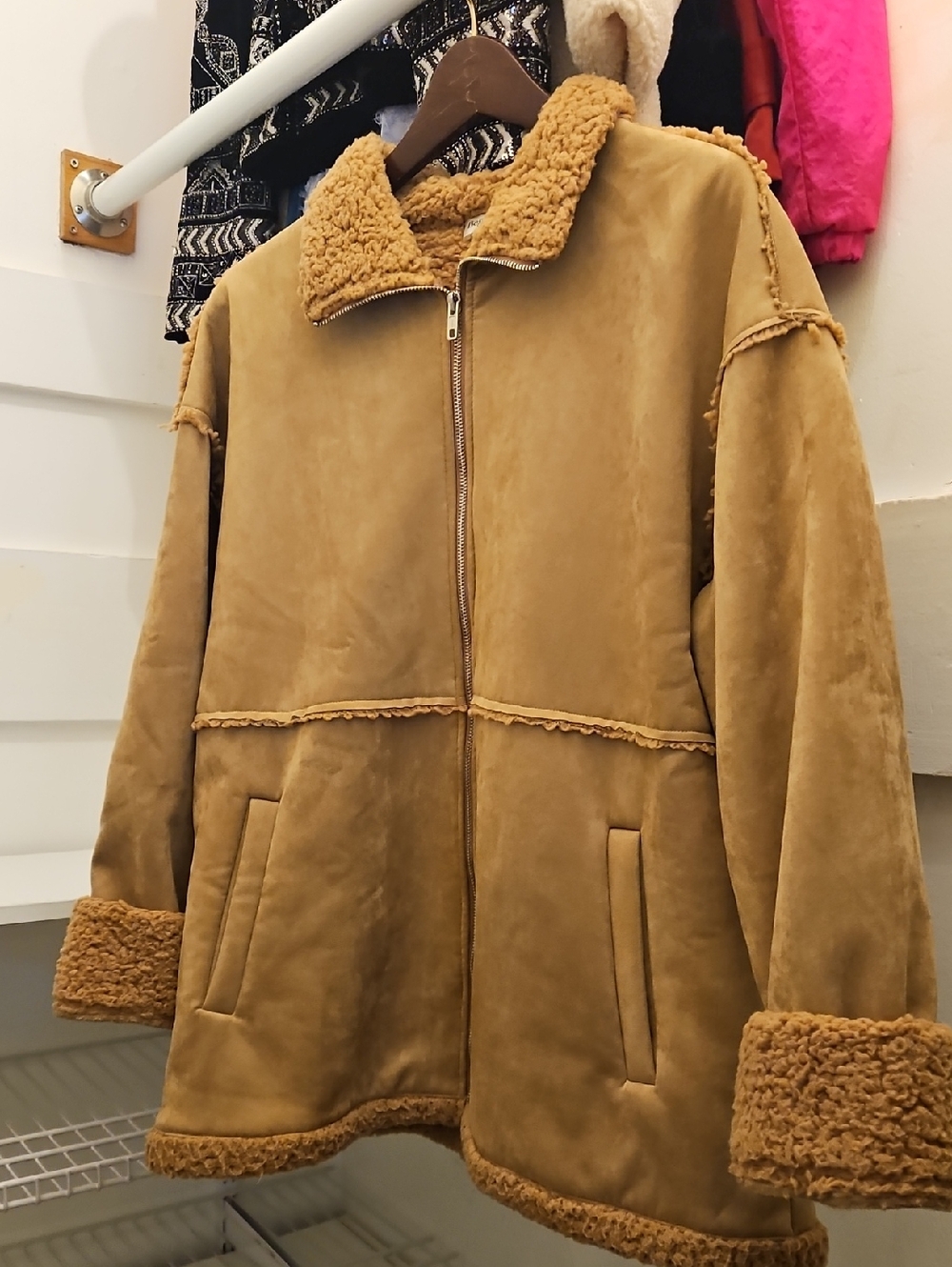 Beginning Boutique Women's Camel Faux Shearling Zip Jacket